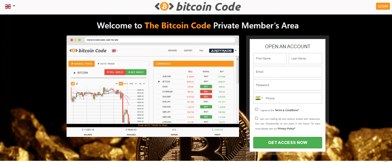 Bitcoin Code Sign up page
